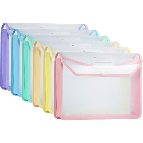 Plastic Expanding File Folder, Clear Envelopes Fit Letter & A4 Size, Folders for Documents with Snap Closure, No Dividers, Large Capacity (6, Mixed Colors) - color: Mixed Colors-6 Pack