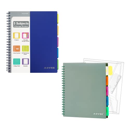 5 Subject Notebook - Spiral Notebook, Green and Blue College Ruled Notebook With Dividers Pocket, Tabs, 11" Ruler, 200 Pages