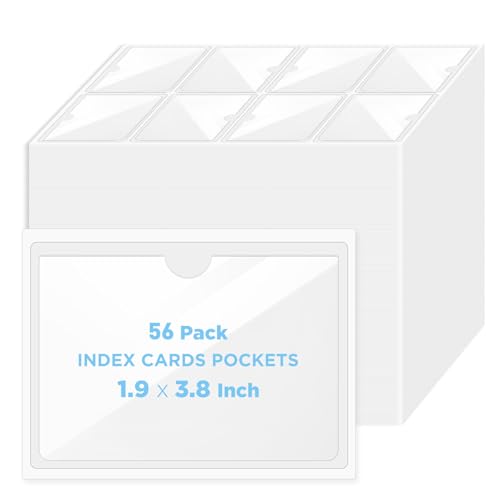 56 Pack Clear Self-Adhesive Pockets, 1.9" x 3.8" Index Card Pockets With Top Open Loading, PVC Label Holders for Organizing storage bins, Library Card, Drawer, and Protecting Your Cards - size: 1.9" x 3.8", style: 56 Pack