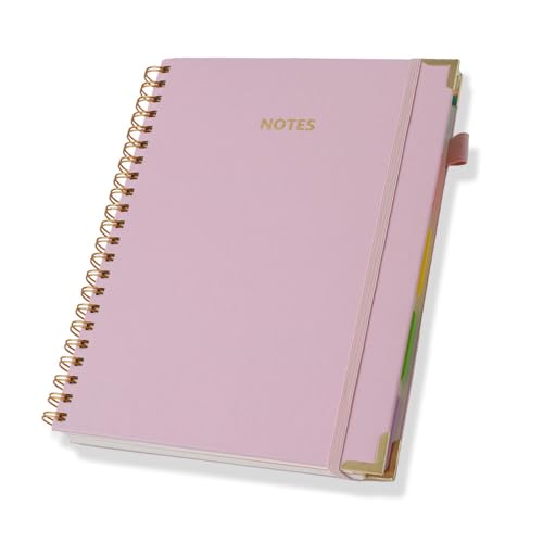 Hardcover Spiral Five Subject Notebook, Multi Subject Notebooks, Pink | Removable Dividers, Large Leather Journal, 150 Sheets, 300 Pages, 8.5''x11'', US Letter Size - color: Pink