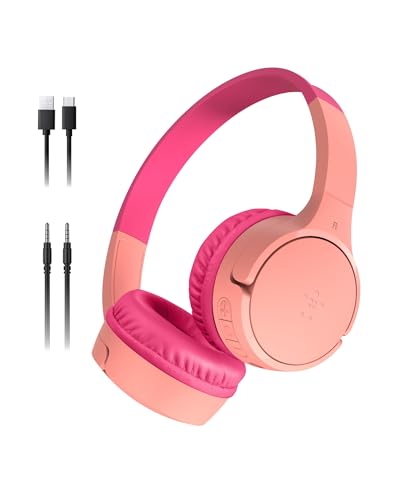 Belkin SoundForm Mini - Wireless Bluetooth Kids Headphones, 30H Battery, 85dB Safe Volume Limit, Built-in Microphone - Toddler On-Ear Earphones for iPhone, iPad, Fire Tablet, Ideal for School - Pink - color: Pink, style: Wireless (USB-C)