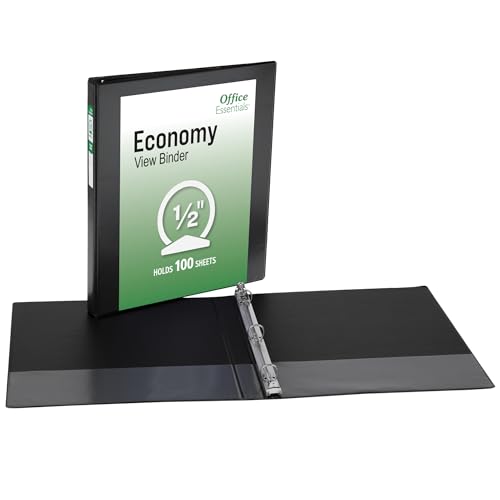 Office Essentials Economy View 3 Ring Binders, 0.5" Round Rings, 0.7" Spine, 100-Sheet Capacity, Black Binders (4-Pack of 03125) - size: 0.5"
