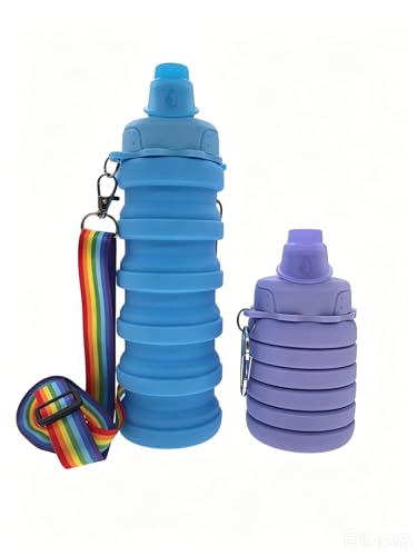Collapsible Water Bottles Silicone Foldable Reusable Leakproof Travel Water Bottle 17.6oz With Mountaineering Buckle And Adjusting Rope For Sports Camping Hiking Cycling Yoga（Blue And Purple） - color: Blue + Purple
