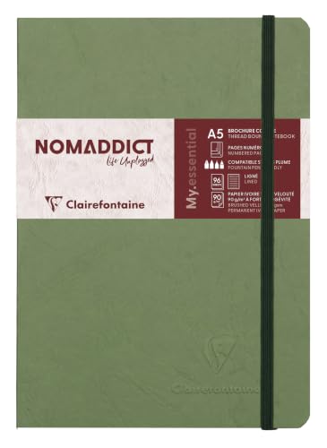 Clairefontaine 793463C Collection Age Bag One Stitched Elasticated Notebook My.Essential Green - A5 14,8x21 cm - 192 Numbered Lined Pages - 90 g Ivory Paper - Leather Flower Glossy Hardcover - color: Green
