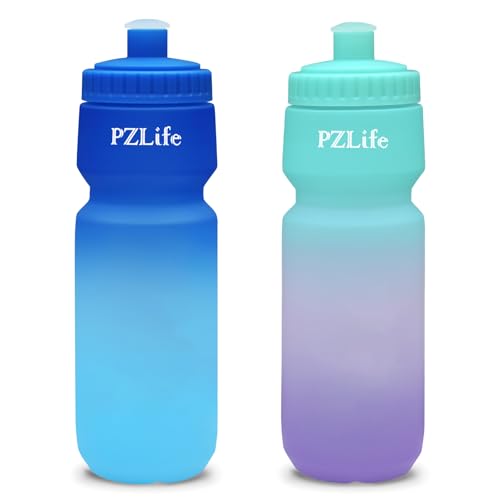 24oz Bike Squeeze Water Bottle, BPA Free Cycling Water Bottle,Leakproof, with Capacity Scale w/Pull Top Lid, Reusable Sport Water Bottle, for Bicycle, Gym,Running - color: y-Blue+Purple