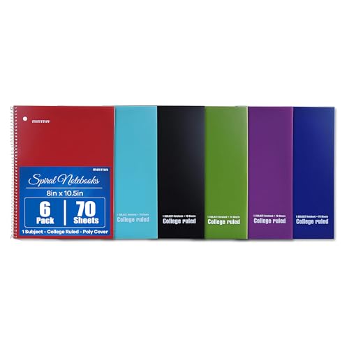 Mintra Office Spiral Notebooks Set - Primary Colors, College Ruled, Poly Waterproof Covers, Journals for School, Work, Business, Writing Pads, Teacher & Student Supplies, 70 Sheets Each, 6-Pack - color: Poly Cover - College Ruled, size: 6PK