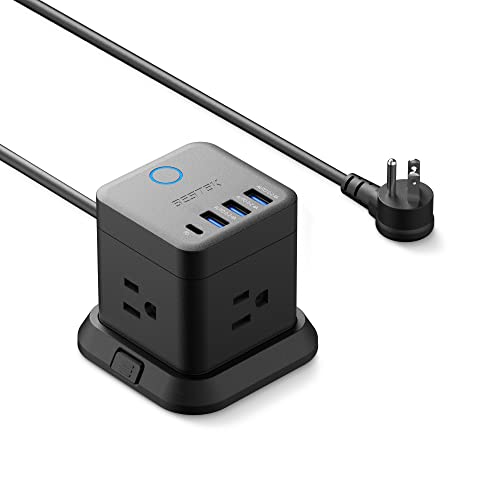 BESTEK PD20W Power Strip Tower with USB, Vertical Cube Mountable Power Outlet Extender with 3 Outlets, 3 USB-A & 1 USB-C Ports, 5-Foot Extension Cord and Detachable Base for Easy Mounting (Black) - color: Black