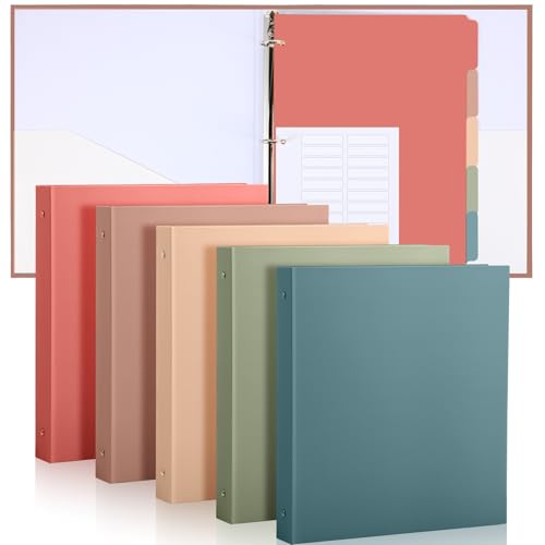 Ctosree 5 Sets 1 Inch Heavy Duty 3 Ring Binder with 2 Pockets with 5 Tab Dividers 8.5 x 11 Inch Plastic Film and File Folder Labels for Letter Size Paper Office Home Supplies(Retro Color) - color: Retro Color