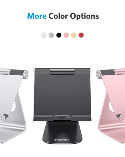 OMOTON T1 Adjustable Tablet Stand for Desk, Aluminum Holder for iPad Black | Solid Metal Build | Charging Cutout | Anti-Slip Silicone Pads | Multi-Angle Adjustable | Fits 3.5-12.9" | Holds Thick Cases - color: Black