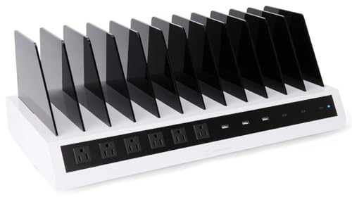 Displays2go Tabletop Charging Station w/Adjustable Dividers 6 AC, 6 USB Outlets- White (TT12HUBXT)