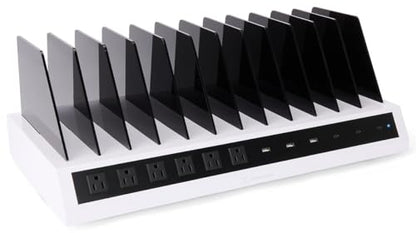 Displays2go Tabletop Charging Station w/Adjustable Dividers 6 AC, 6 USB Outlets- White (TT12HUBXT)