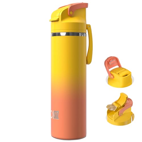 OISIZ Insulated Water Bottle 24 oz with 2 in 1 Spout and Straw Lid,One Click Safety Lock,100% Leakproof,Keep Cold 24H,Vacuum Stainless Steel Water Bottle for School,Travel and Sports,Dishwasher Safe - color: Citrus, size: 24 Ounces