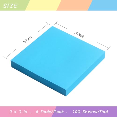 Sticky Notes 3x3 Self-Stick Notes Pads with 6 Bright Colors, Easy to Post for Office, Shool, Home, 6 Pads/Pack, 100 Sheets/Pad (Blue) - color: Blue