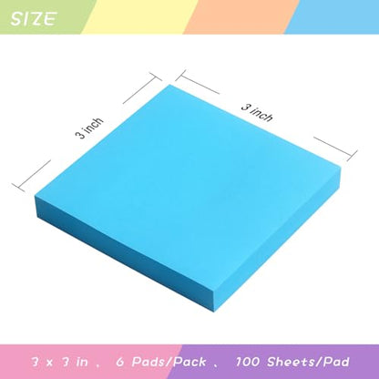 Sticky Notes 3x3 Self-Stick Notes Pads with 6 Bright Colors, Easy to Post for Office, Shool, Home, 6 Pads/Pack, 100 Sheets/Pad (Blue) - color: Blue
