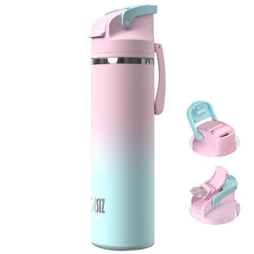 OISIZ Insulated Water Bottle 24 oz with 2 in 1 Spout and Straw Lid,One Click Safety Lock,100% Leakproof,Keep Cold 24H,Vacuum Stainless Steel Water Bottle for School,Travel and Sports,Dishwasher Safe - color: pink lagoon, size: 24 Ounces