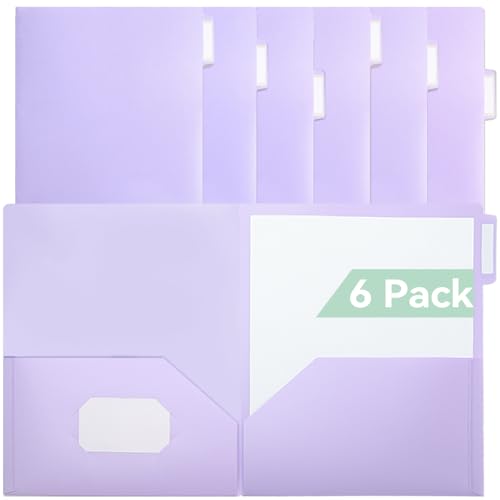 SortRax Plastic Folders with Pockets, 6 Pack Purple Folders for School, Unique 1/3 Cut Tabs with Colorful Labels, Letter Size - color: Purple, style: 2 Pockets