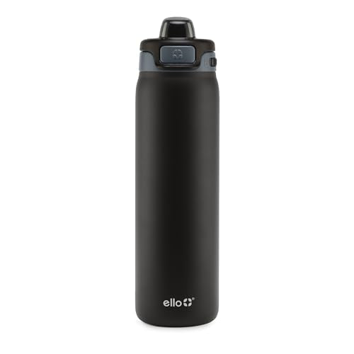 Ello Pop & Fill Insulated Stainless Steel Water Bottle with Quick Fill Lid, Leakproof Locking, Sip or Chug Spout, BPA-Free, Double Wall Vacuum Insulated for Sports, Travel & School- 22oz / 32oz / 40oz - color: Tonal Black, style: 22oz