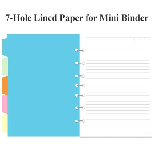 7-Hole Lined Paper Refills for Mini Binder - 100 Sheets/200 Pages 7 Ring Loose Leaf Lined Paper with Binder Dividers, 5.8" x 8.5" - style: 7-Hole/Desk Size 4