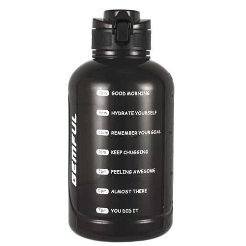 GEMFUL Water Bottle 2L with Time Marker & Handle 64oz Large Motivational Jug for Gym Workouts No Straw Leak Proof BPA Free (Black) - color: 2L Black No Straw