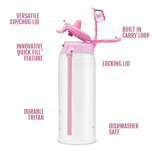 Ello Pop & Fill 22oz Tritan Plastic Water Bottle with Quick Fill Technology | Clear Water Bottle for School, College, Travel | Leakproof Locking Lid, Straw and Chug, Reusable, BPA-Free | Petal - color: Petal