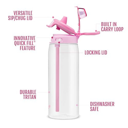 Ello Pop & Fill 22oz Tritan Plastic Water Bottle with Quick Fill Technology | Clear Water Bottle for School, College, Travel | Leakproof Locking Lid, Straw and Chug, Reusable, BPA-Free | Petal - color: Petal