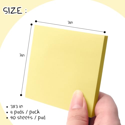 Sticky Notes 3x3 Self-Stick Notes Pads with Bright Colors, Easy to Post for Office, School, Home, 4 Pads/Pack, 90 Sheets/Pad (Yellow) - color: 4pads Yellow