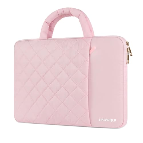 Puffy Laptop Sleeve 13.3 inch,13-14 inch Laptop Handbags for Women | Compatible with MacBook Air 13 13.6/Pro/Neo 13/Pro 14,HP Dell ASUS Lenovo,Square Quilted Bag with 2 Pockets&Handle&Belt, Pink