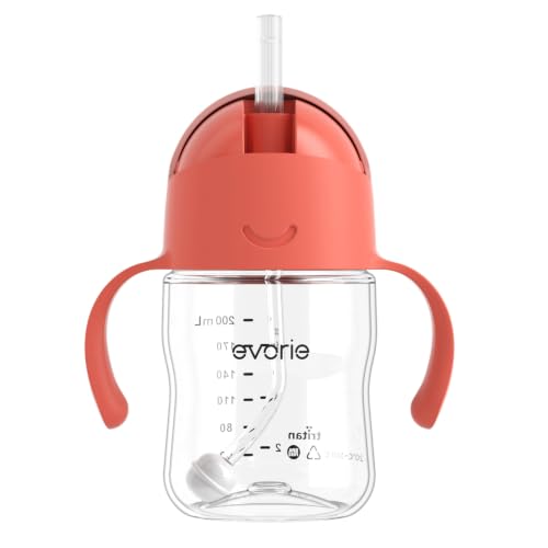 Evorie Tritan Weighted Straw Cup Baby Training Cup, Spill Proof, 7 Oz, 6M+ | BPA & BPS-Free, First learning cup, 360° drinking, Dishwasher safe, Durable Sippy Cup, Coral Red - color: Coral Red