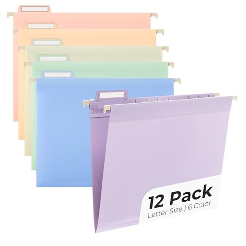 Y YOMA Plastic Hanging File Folders, Letter Size, 1” Expansion, 12 Pack Reinforced Hanging Folders with Tabs Transparent Waterproof for Filing Cabinet Bulky Files Home Office, Dopamine Color - color: Dopamine Design, size: Letter Size - 12 Pack