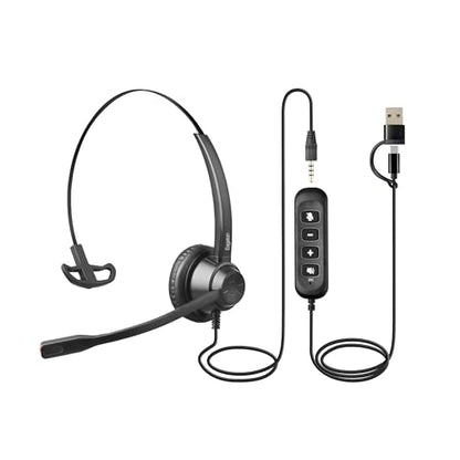 X1 ENC Noise Cancelling USB Headset, 3.5mm Single Ear Office Headset with USB C/A Adapter, Wired Mono Call Center Headset for PC Laptop Cell Phone, Business Computer Headphones for WFH Office