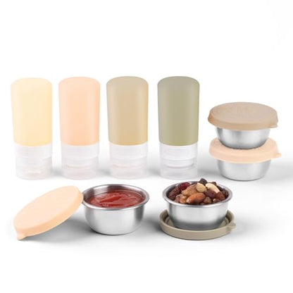 MICEBAY 8-Pack Salad Dressing Container To Go, 2-oz Silicone Small Condiment Squeeze Bottles and 1.6 oz Stainless Steel Sauce Containers Cups, Leakproof Condiment Containers with Lids for Lunch Box - color: Apricot, size: 2-oz