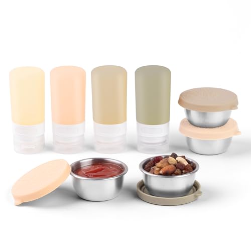 MICEBAY 8-Pack Salad Dressing Container To Go, 2-oz Silicone Small Condiment Squeeze Bottles and 1.6 oz Stainless Steel Sauce Containers Cups, Leakproof Condiment Containers with Lids for Lunch Box - color: Apricot, size: 2-oz