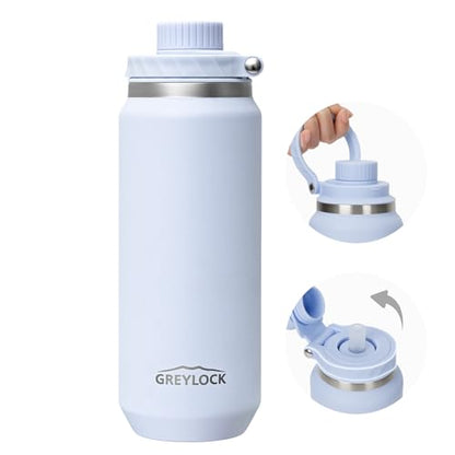 GREYLOCK 32 oz Insulated Water Bottle with Straw Lid, Leakproof Reusable Stainless Steel Vacuum Flask, 24hr Cold & Hot, Carry Handle & Silicone Spout, BPA-Free for Gym, Hiking, Travel,Blue - color: Glacier, size: 32 Ounces