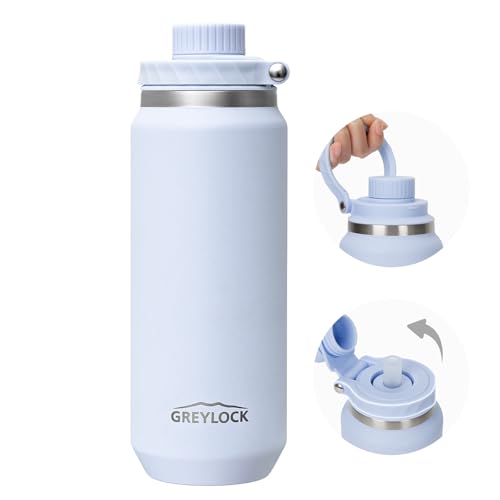 GREYLOCK 32 oz Insulated Water Bottle with Straw Lid, Leakproof Reusable Stainless Steel Vacuum Flask, 24hr Cold & Hot, Carry Handle & Silicone Spout, BPA-Free for Gym, Hiking, Travel,Blue - color: Glacier, size: 32 Ounces