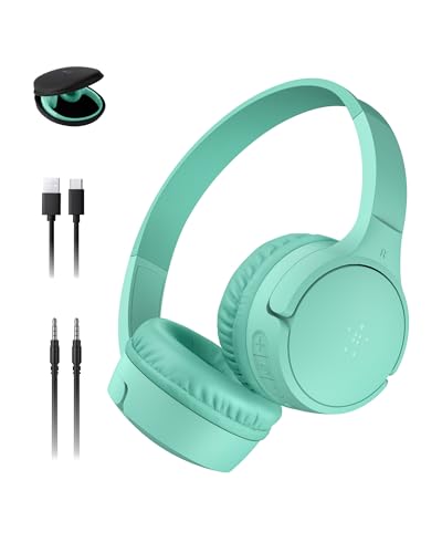 Belkin SoundForm Mini - Wireless Bluetooth Headphones for Kids with 30H Battery Life, 85dB Safe Volume Limit, Built-in Microphone - Kids On-Ear Earphones for iPhone, iPad, & More - Mint w/Case - color: Mint, style: Wireless (USB-C) + Case