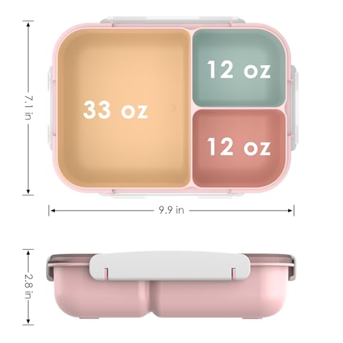 WHALEHOUSE Large Capacity Bento Box for Adult, 1700ML 3 Compartments Lunch Box with Utensil, Airtight Food Container with Lids for Meal Prep, Microwave/Dishwasher/Freezer Safe, On the Go (Pink) - color: 1700mL-Pink