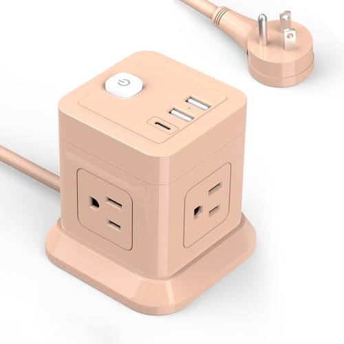 Cube Power Strip, FDTEK 4 Widely Spaced Outlet with 3 USB (1 USB C) Flat Plug Power Strips with Long Extension Cords Space Save Compact Portable for Travel Home Office Cruise ETL Listed- 10FT Pink - color: Pink, size: 10FT