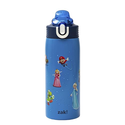 Zak Designs Super Mario Movie Sage 19oz Leak-Proof Straw Kids Water Bottle | BPA Free, Insulated Stainless Steel, Cupholder Friendly, Dishwasher Safe, Lid Lock, Handle, For School, Home, Travel - color: Mario Movie 2