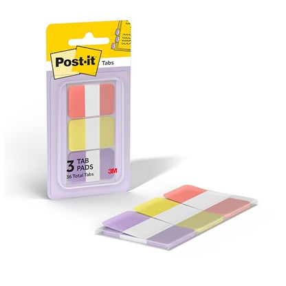 Post-it Sticky Tabs, 1 x 1.5 in, Warm Pastels, 3 Pads, 36 Tabs Total - color: Warm Pastels