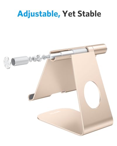 OMOTON T1 Adjustable Tablet Stand for Desk, Aluminum Holder for iPad Gold | Solid Metal Build | Charging Cutout | Anti-Slip Silicone Pads | Multi-Angle Adjustable | Fits 3.5-12.9" | Holds Thick Cases - color: Gold