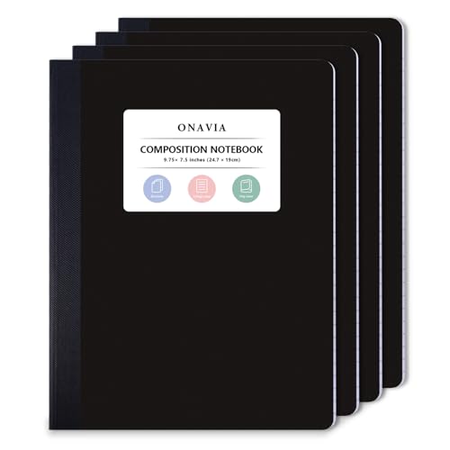 ONAVIA Plastic Composition Notebook College Ruled 4 Pack, 160 Pages, Black | 80 ct, 9.75 x 7.5 in, Poly Comp Books, Waterproof, Durable, Sewn Binding, School Notebooks, Students, Note Taking - color: Black, style: 4 Pack
