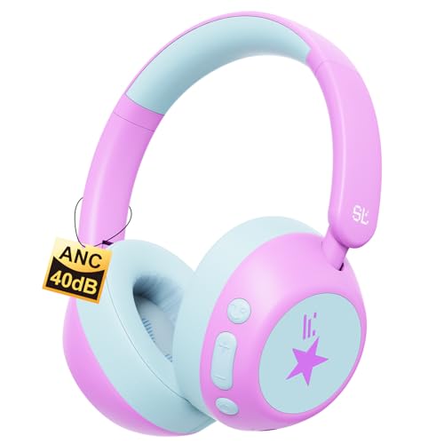 Steellumen Nova1Star Active Noise Cancelling Headphones for Kids, 70H Play Time,Bluetooth6.0,3-Level Volume 75/85/94dB,ANC Safe Wireless Listen, Fast Charging,with Mic,for School,Travel & Airplane - color: Purple
