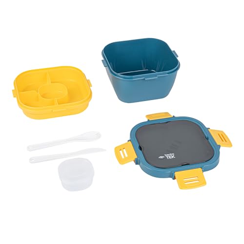 Restaurantware-Bento Tek 57.5 Ounce Bento Box, 1 Reusable Lunch Container - With Fork And Knife, Does Not Contain BPA, Blue And Yellow Plastic Reusable Lunch Box, Microwavable, Dishwashable - size: 1 Count, style: 58 oz - Blue