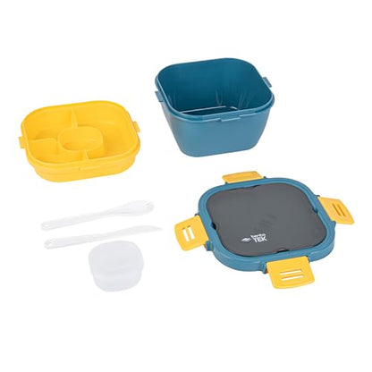 Restaurantware-Bento Tek 57.5 Ounce Bento Box, 1 Reusable Lunch Container - With Fork And Knife, Does Not Contain BPA, Blue And Yellow Plastic Reusable Lunch Box, Microwavable, Dishwashable - size: 1 Count, style: 58 oz - Blue