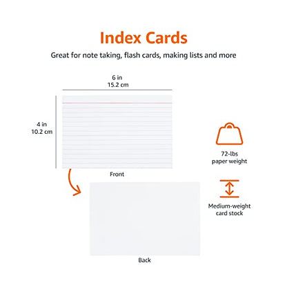 Amazon Basics Ruled Lined Index Cards for Notes, Studying, Flash Cards, White, 4" x 6", 500 Count (5 Packs of 100) - size: 100 Count (Pack of 5), style: Ruled, 4x6, 500 Count