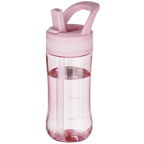 14oz Clear Kids Water Bottle with Straw Lid, BPA-Free Tritan, Measurement Scale, Sturdy Handle Wide Mouth Leak-proof Reusable Plastic Bottle for Boy& Girls, Back to School(Pink) - color: Pink