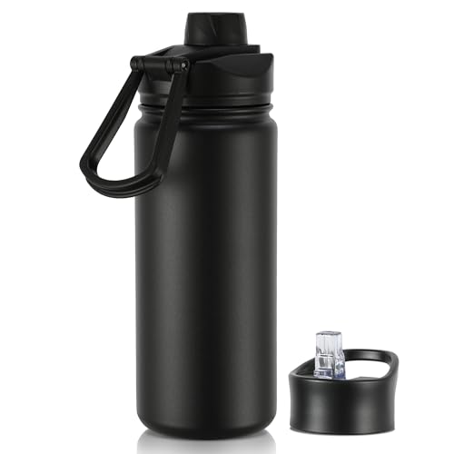 16 oz Insulated Water Bottle with Straw Lids, Stainless Steel Kids Water Bottles for School, Double Wall Vacuum Metal Water Bottle with Straw & Wide Mouth Lid, Black 1 Pack - color: Black, size: 16 Ounces