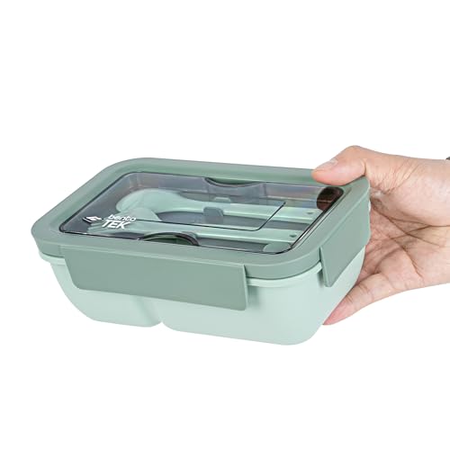 Bento Tek 30 Ounce Bento Box, 1 Stackable 3 Compartment Lunch Container - With Fork And Knife, Does Not Contain BPA, Green Plastic Reusable Lunch Box, Microwavable, Dishwashable - Restaurantware - size: 1 Count, style: 30 oz - Green