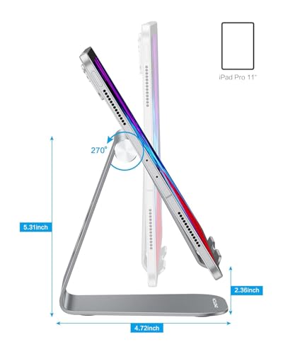 OMOTON T1 Adjustable Tablet Stand for Desk, Aluminum Holder for iPad Grey | Solid Metal Build | Charging Cutout | Anti-Slip Silicone Pads | Multi-Angle Adjustable | Fits 3.5-12.9" | Holds Thick Cases - color: Grey