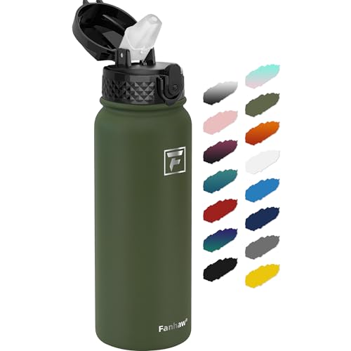 Fanhaw 20 Oz Kids Insulated Stainless Steel Water Bottle with Straw Lid, Leakproof & Anti-Dust Everyday Use Bottle for School, Women & Men, Back to School Essentials (Olive Green) - color: Olive Green, style: 20 Ounces